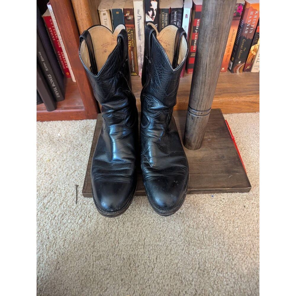 Justin Boots Mens 11.5D Roper Cowboy Western Mid Calf Black Leather Pull On